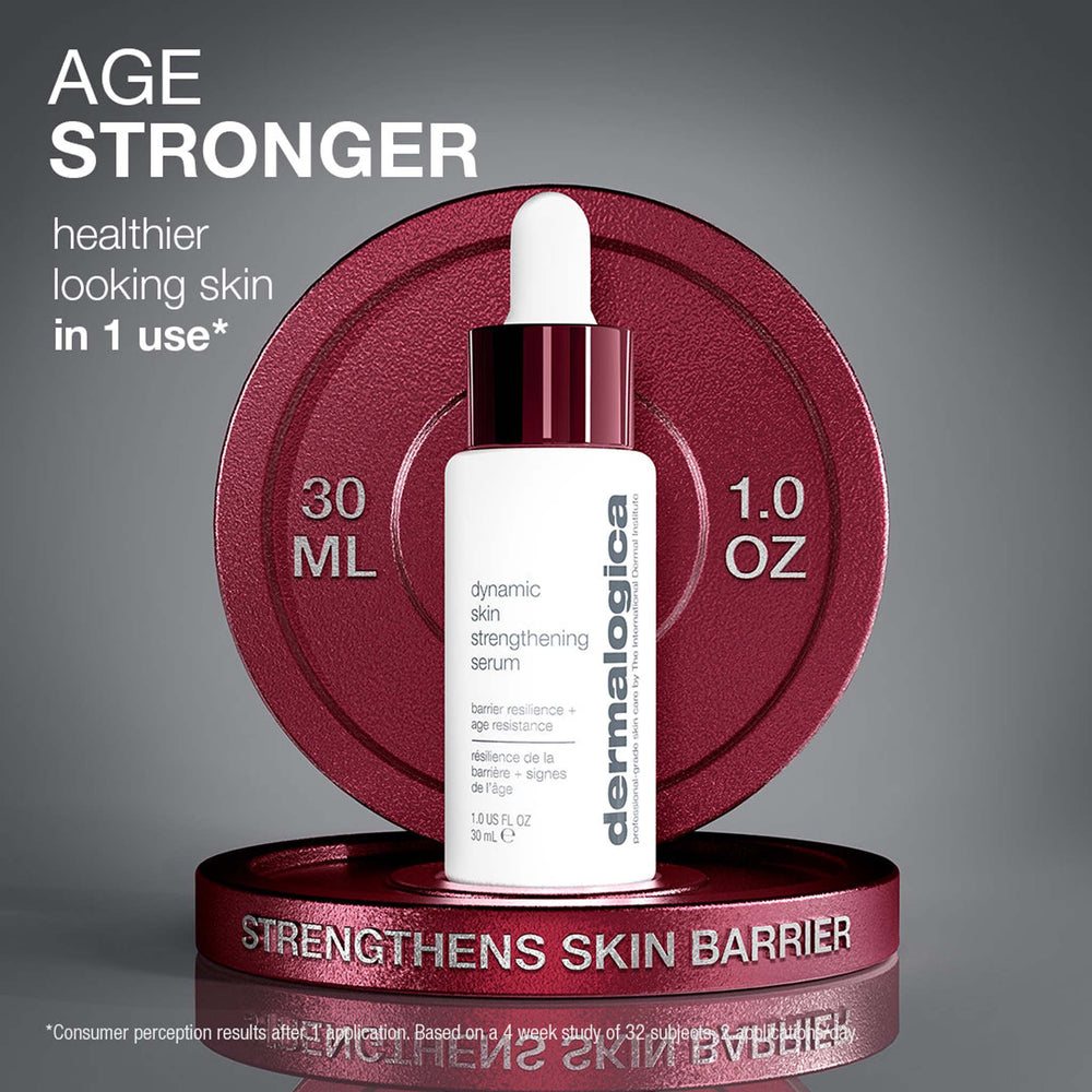 Dermalogica dynamic skin strengthening serum with red container on gray background