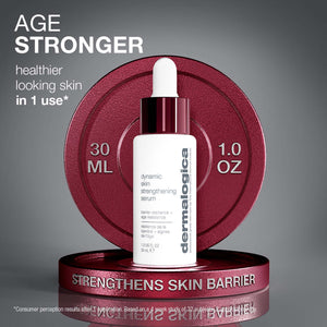 Dermalogica dynamic skin strengthening serum with red container on gray background
