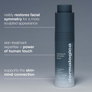 Dermalogica neurotouch symmetry serum bottle on a gray background with text about product benefits.