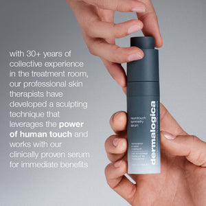 Dermalogica serum bottle held by a hand with promotional text on a gray background